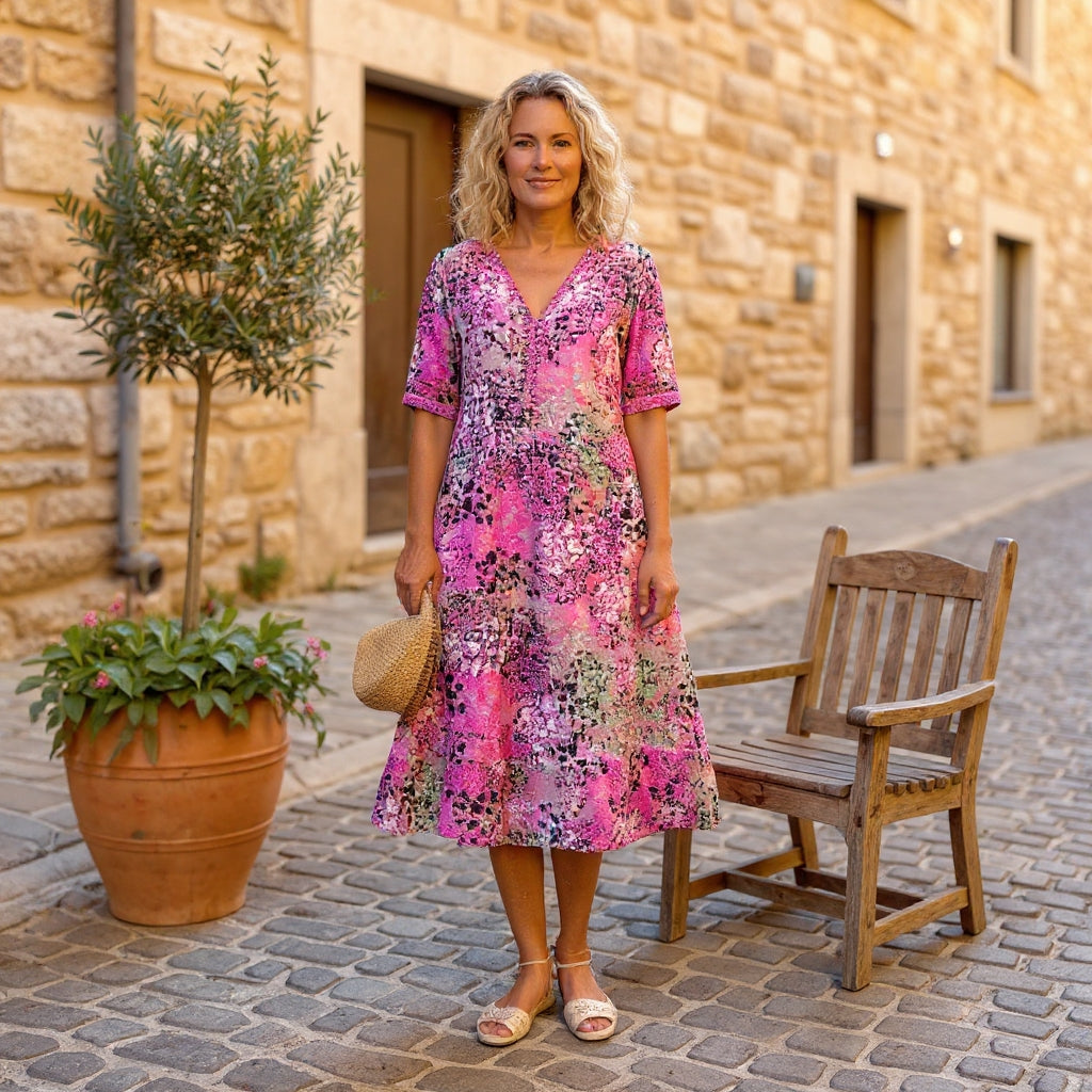 Robe midi élégante imprimée Rachel de Danoir Paris en rouge écarlate, parfait pour une tenue sophistiquée.