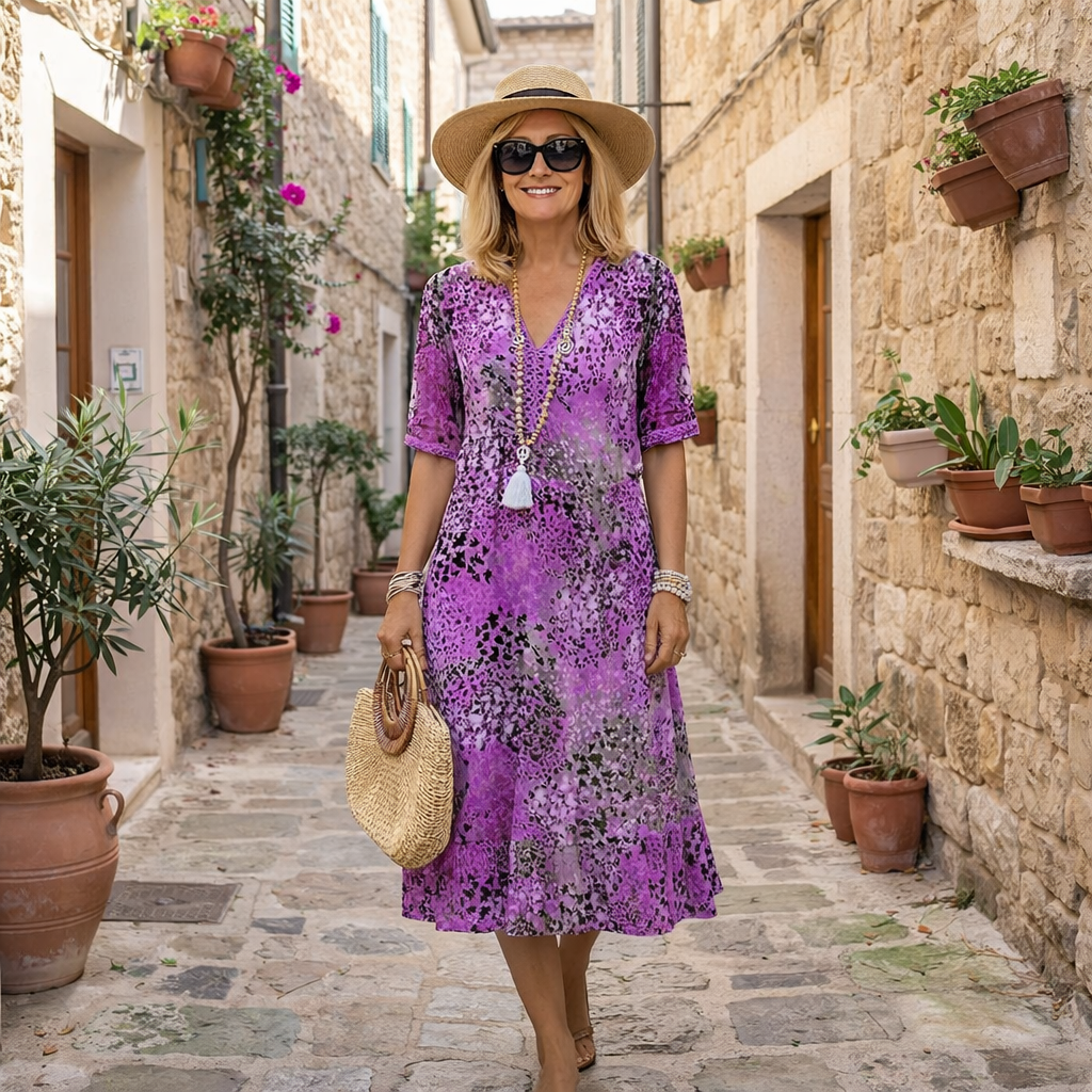 Robe midi imprimée élégante Rachel de Danoir Paris en rouge écarlate, vêtement chic pour femmes, vue de face.