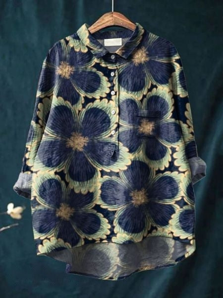 Blouse florale élégante Lila de Danoir Paris, tissu léger avec motifs floraux, manches longues et col en V.