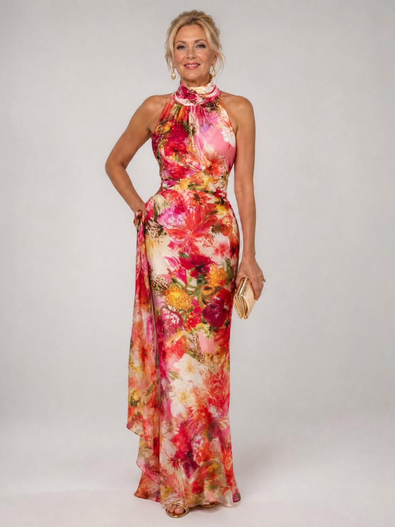 Robe longue à décolleté en halter avec imprimé floral, marque Danoir Paris, tissu léger et élégant.