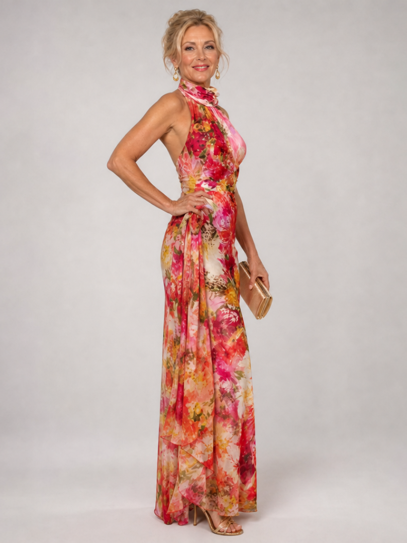 Robe longue à col halter à imprimé floral de Danoir Paris, robe maxi élégante avec motif coloré et style féminin.