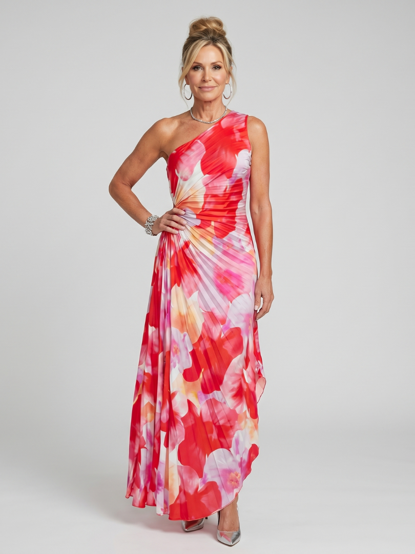 Robe midi à une épaule Danoir Paris Taya avec corsage plissé et motif floral, vue de face.