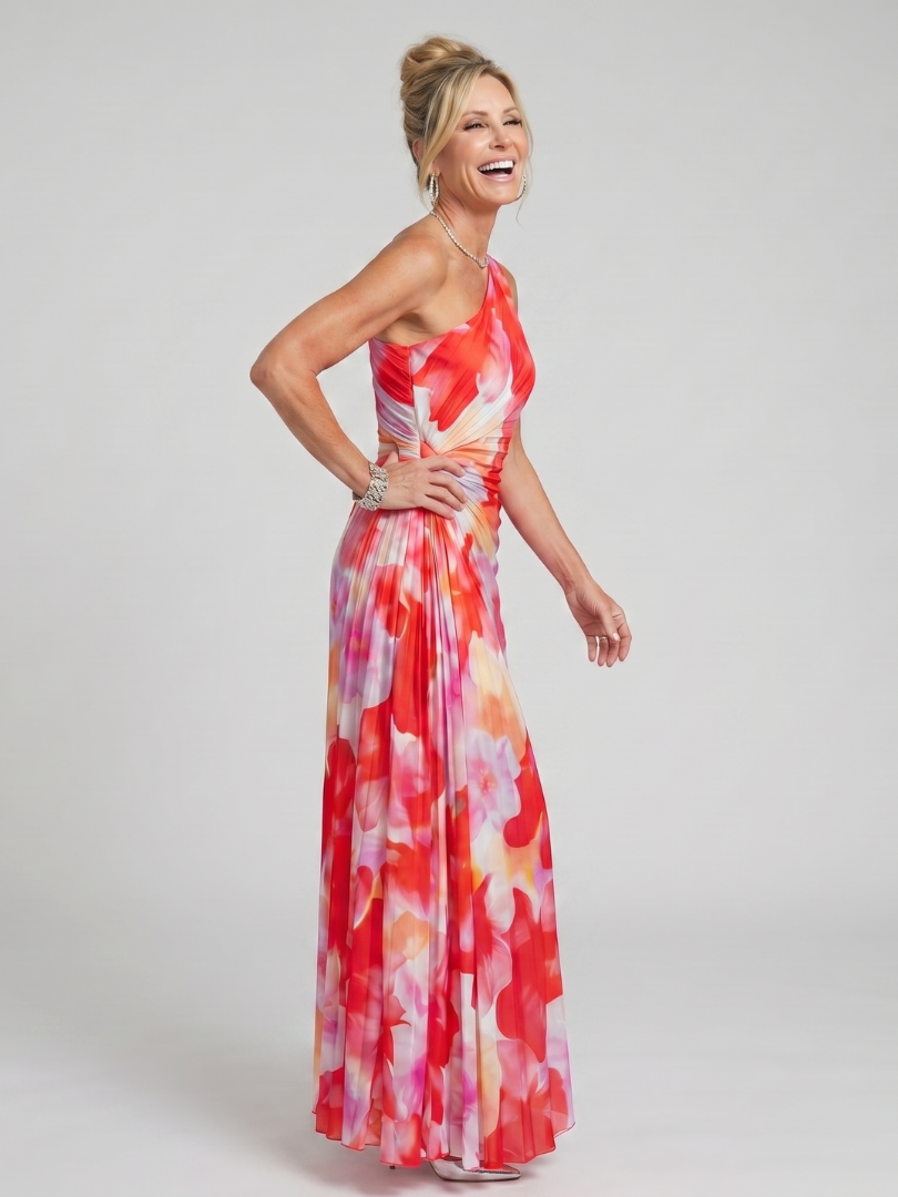 Robe midi à une épaule Taya Danoir Paris avec corsage plissé et motif floral, élégante et sophistiquée.