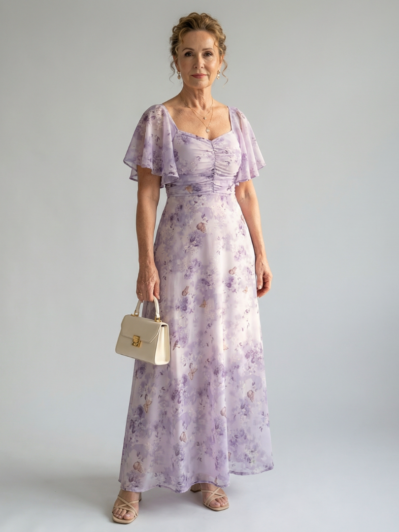 Robe midi fluide à manches volantées Vaelis de Danoir Paris avec motif floral, vue de face sur fond blanc