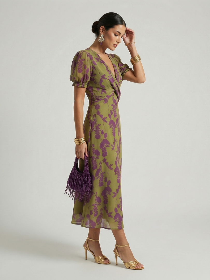 Robe midi fluide à fleurs Danoir Paris Virel, style décontracté, tissu léger et motif floral coloré visible sur l'image.