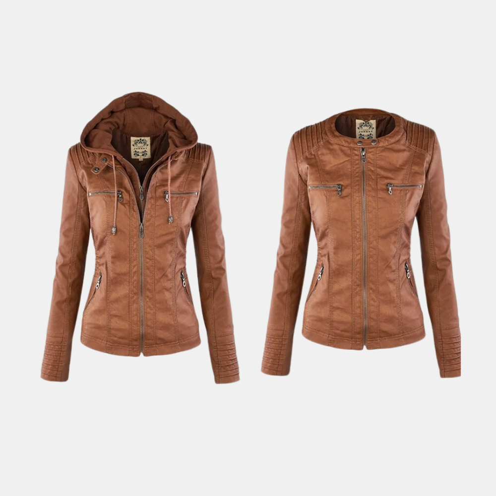 Veste chic élégante Danoir Paris Carmen FR1007 en brun clair, coupe sophistiquée, tissu élégant, vue de face.