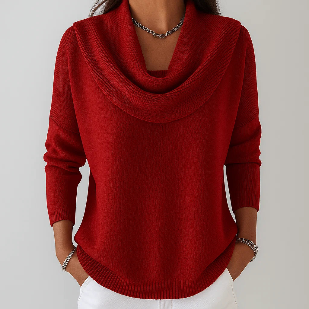 Pull élégant Danoir Paris Teresa en rouge, enveloppant et sophistiqué, porté par un mannequin.
