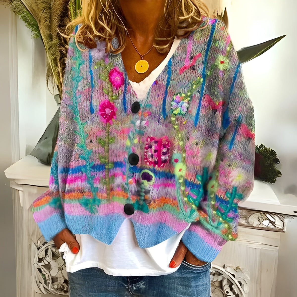 Cardigan bohème Emma de Danoir Paris avec motif floral, manches longues et coupe décontractée.