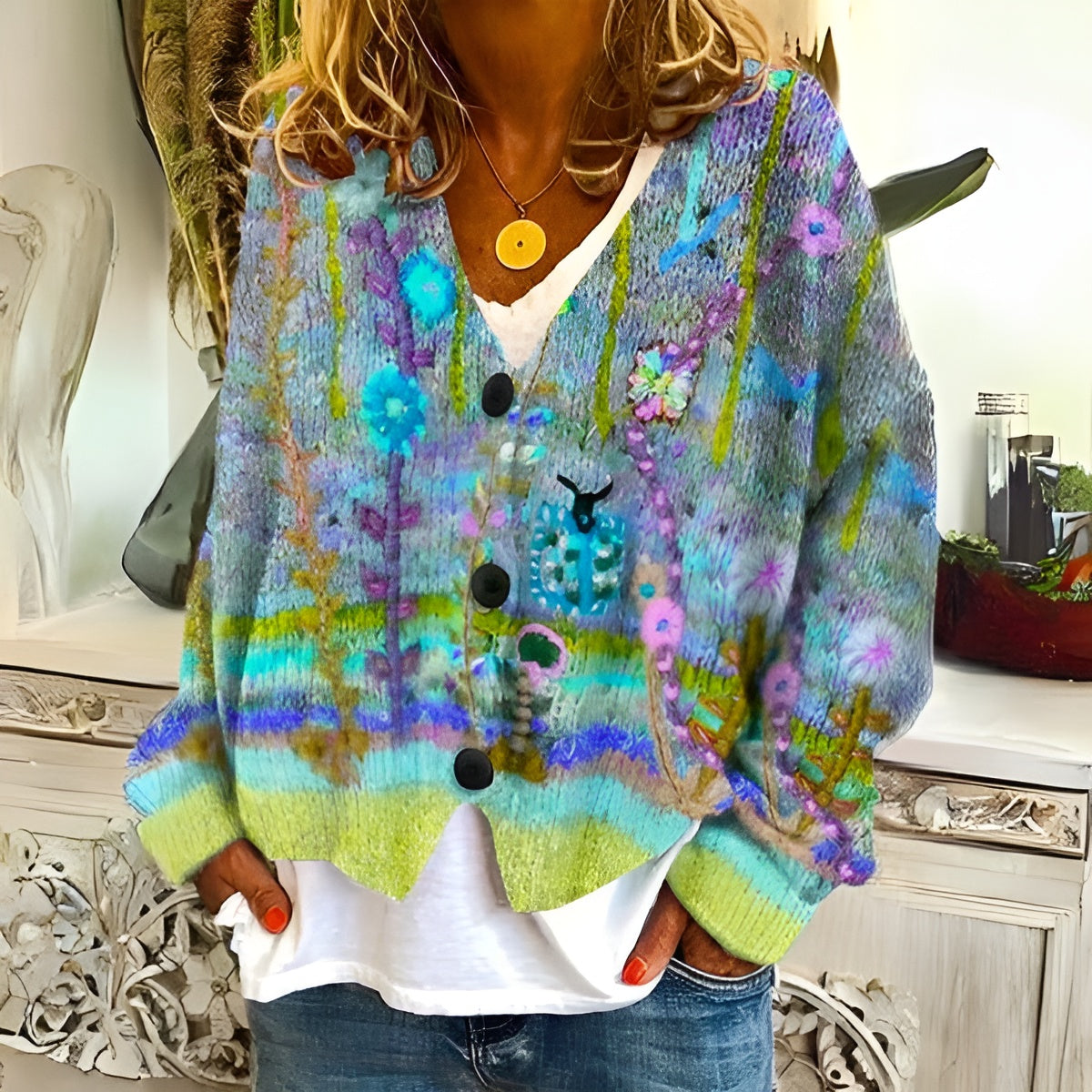 Cardigan floral bohème Emma de Danoir Paris, coupe légère avec motifs floraux colorés, porté sur un fond neutre.