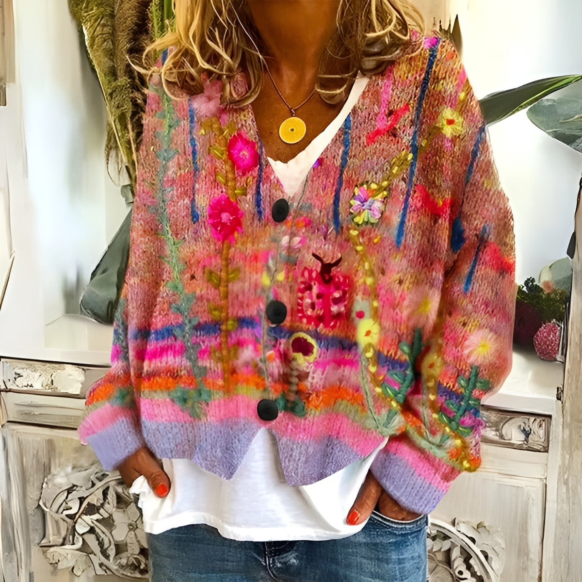 Cardigan floral bohème Emma de Danoir Paris avec motifs colorés et coupe légère, porté sur un fond neutre.