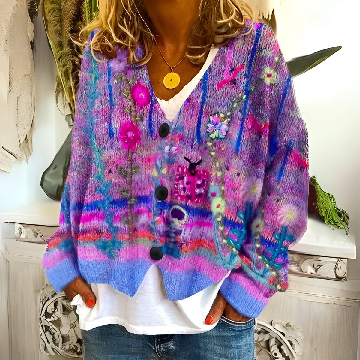 Cardigan floral bohème Emma de Danoir Paris, motif coloré en coton léger, porté avec manches longues et col en V.