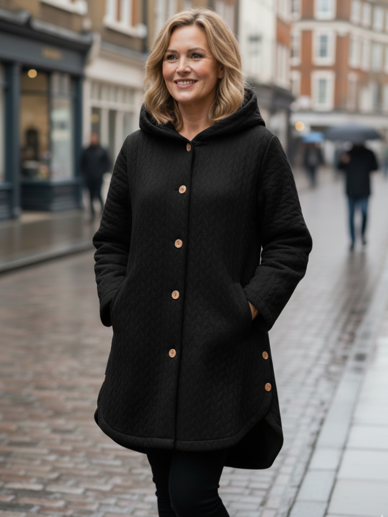 Veste matelassée automnale Danoir Paris Julie élégance en rouge bourgogne, style chaud et sophistiqué.