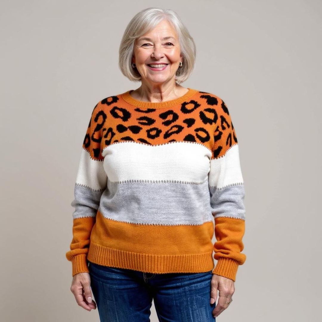 Pull léopard Danoir Paris Pascalina, confortable, en tissu doux, motif animalier, porté sur un mannequin.