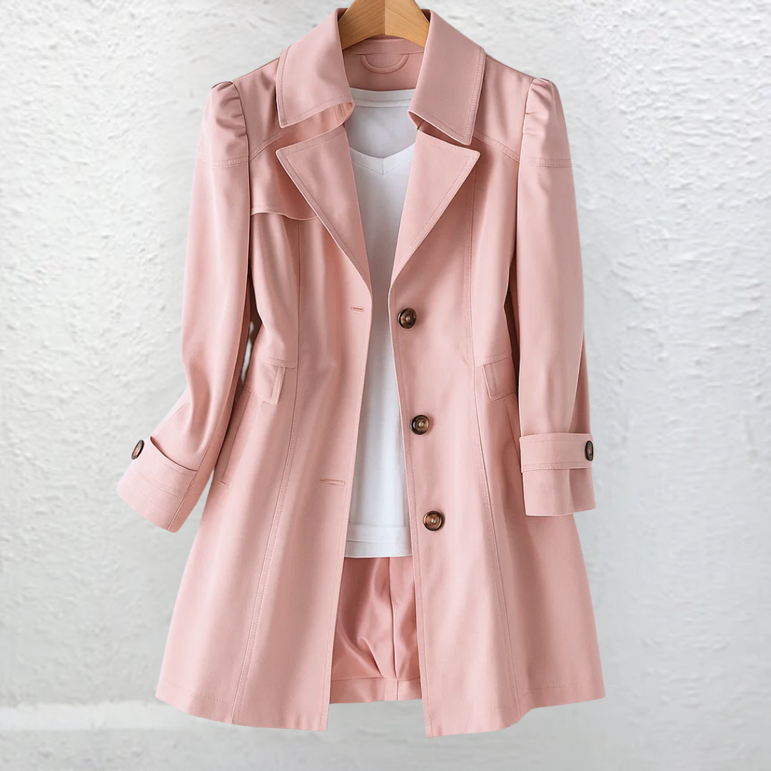 Manteau trench élégant Veyressa Danoir Paris en beige, modèle FR1105, vue de face sur fond neutre.