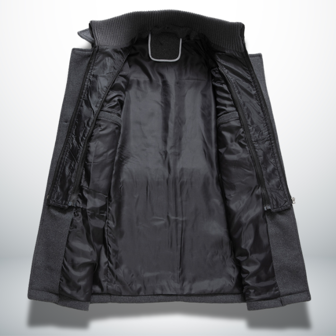 Manteau d'hiver élégant Angelo de Danoir Paris en laine bleu marine, coupe classique et finition raffinée.