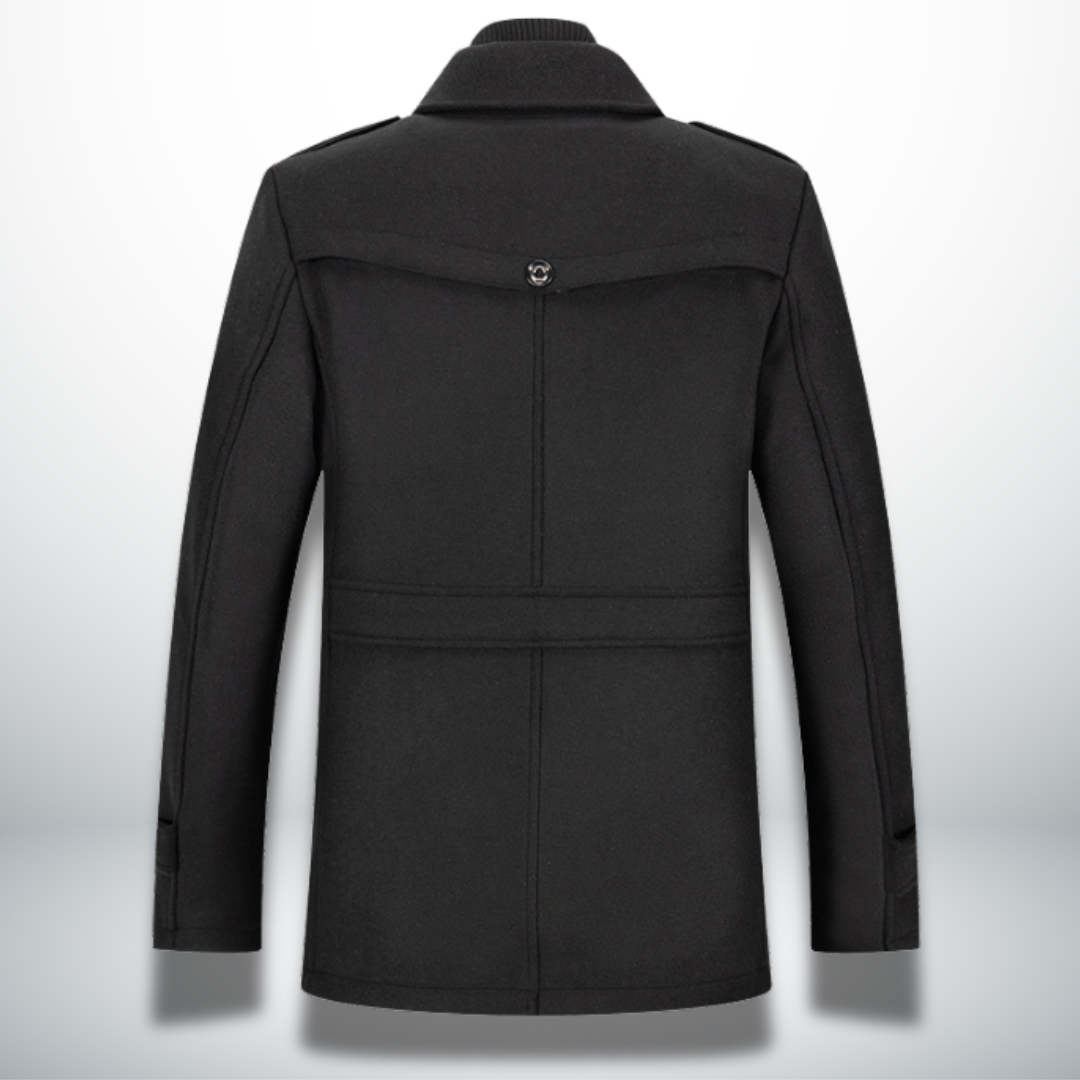Manteau d'hiver élégant Danoir Paris Angelo en laine bleu marine, coupe classique et finition raffinée.