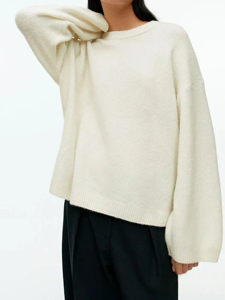 Pull en cachemire élégant Liora de Danoir Paris, coupe raffinée, couleur neutre, porté sur un mannequin, texture douce et luxueuse.