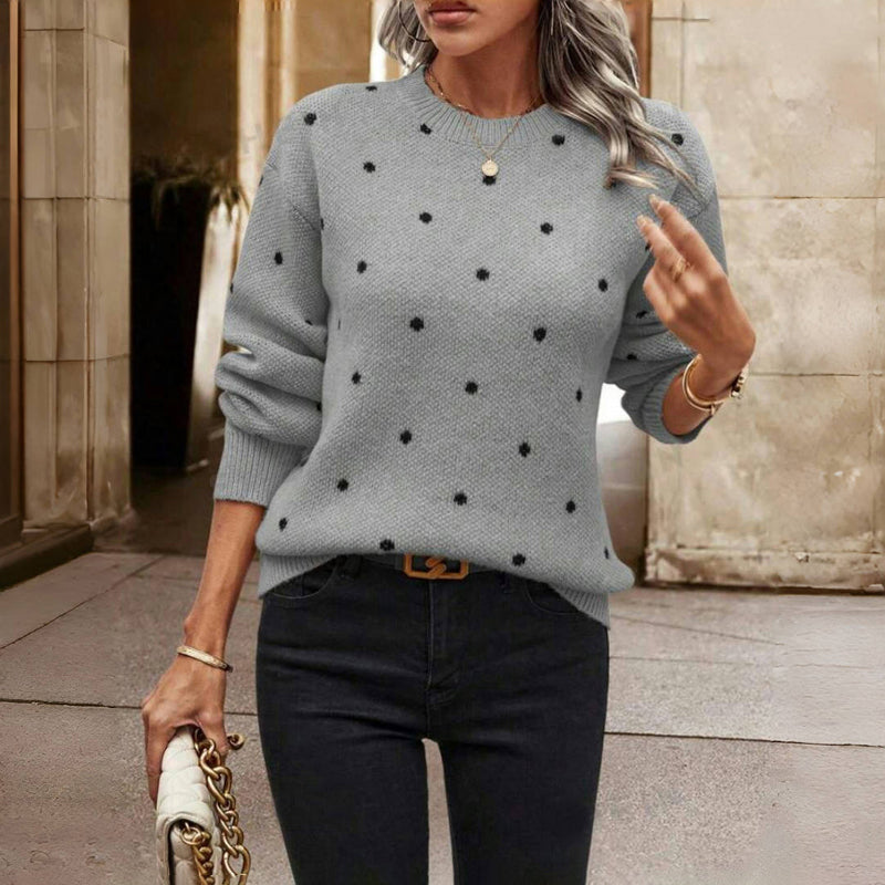 Pull à pois amusant Maria de Danoir Paris, modèle FR1160, en coton avec motifs à pois noirs et blancs.