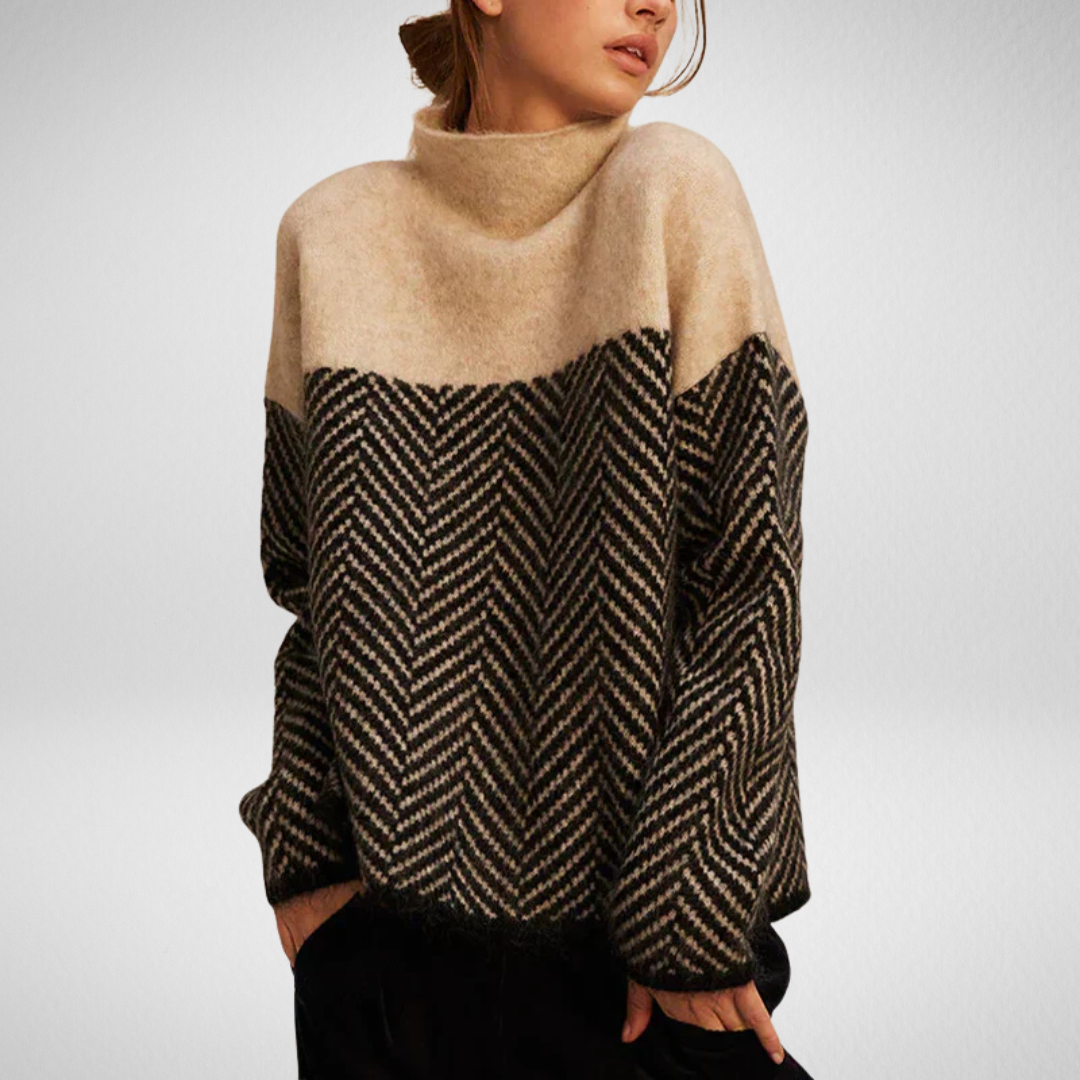Pull printanier Danoir Paris Mira FR1186, tricot élégant avec motif floral, manches longues et col en V, porté sur un mannequin.