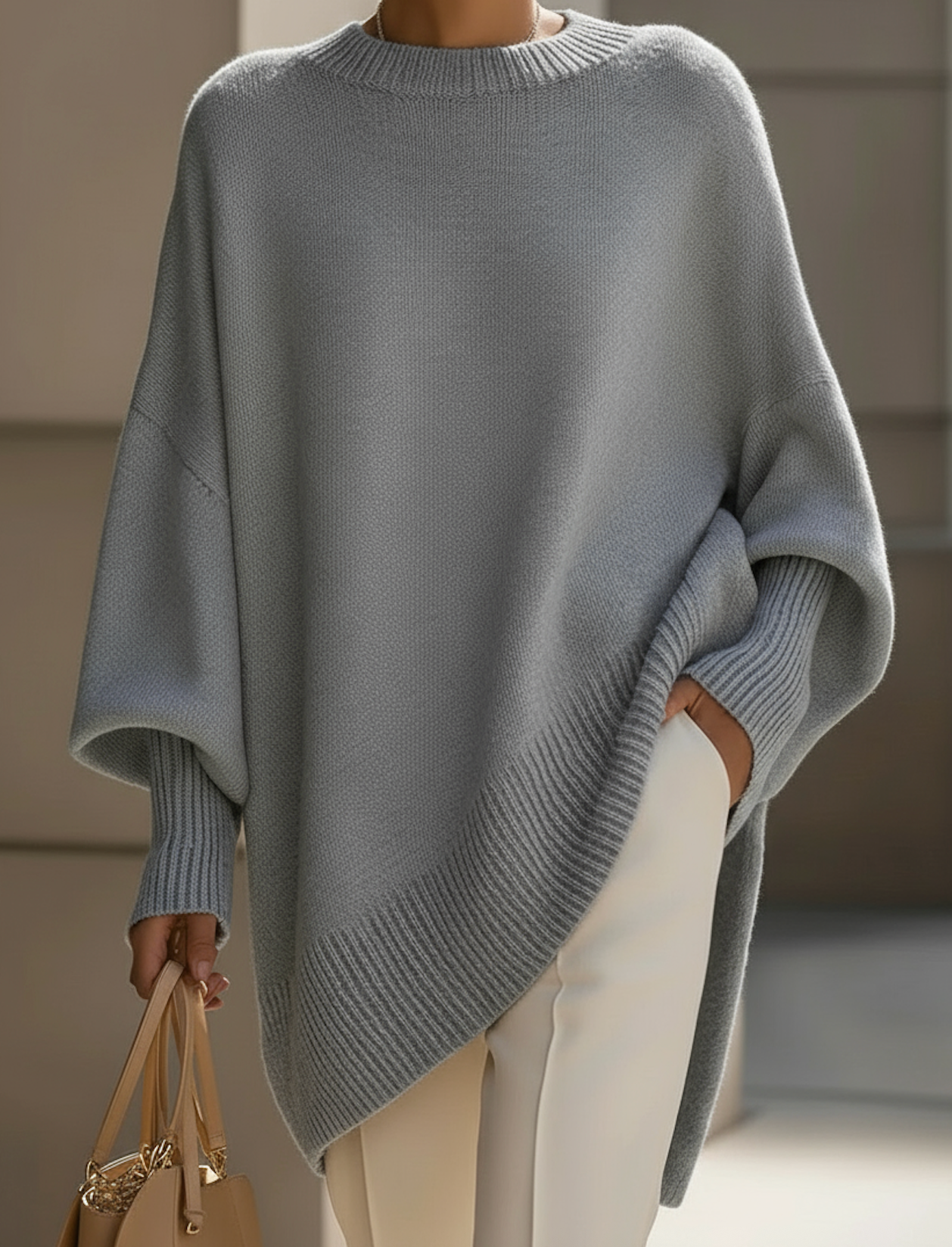 Pull-over oversize élégant Danoir Paris en maille douce, couleur neutre, porté sur mannequin avec col rond et manches longues.