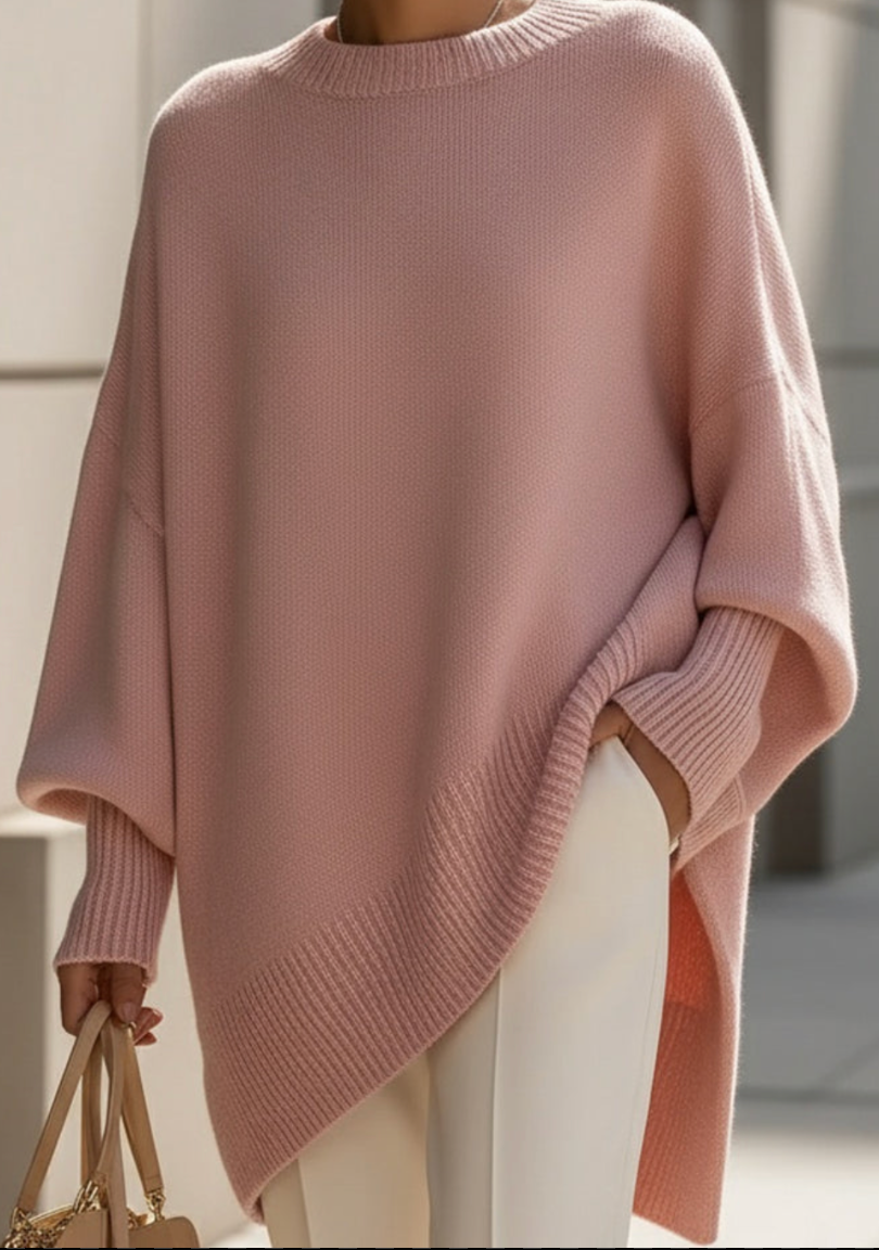 Pull-over oversize élégant Danoir Paris en laine douce, couleur neutre, porté sur un mannequin avec col rond.