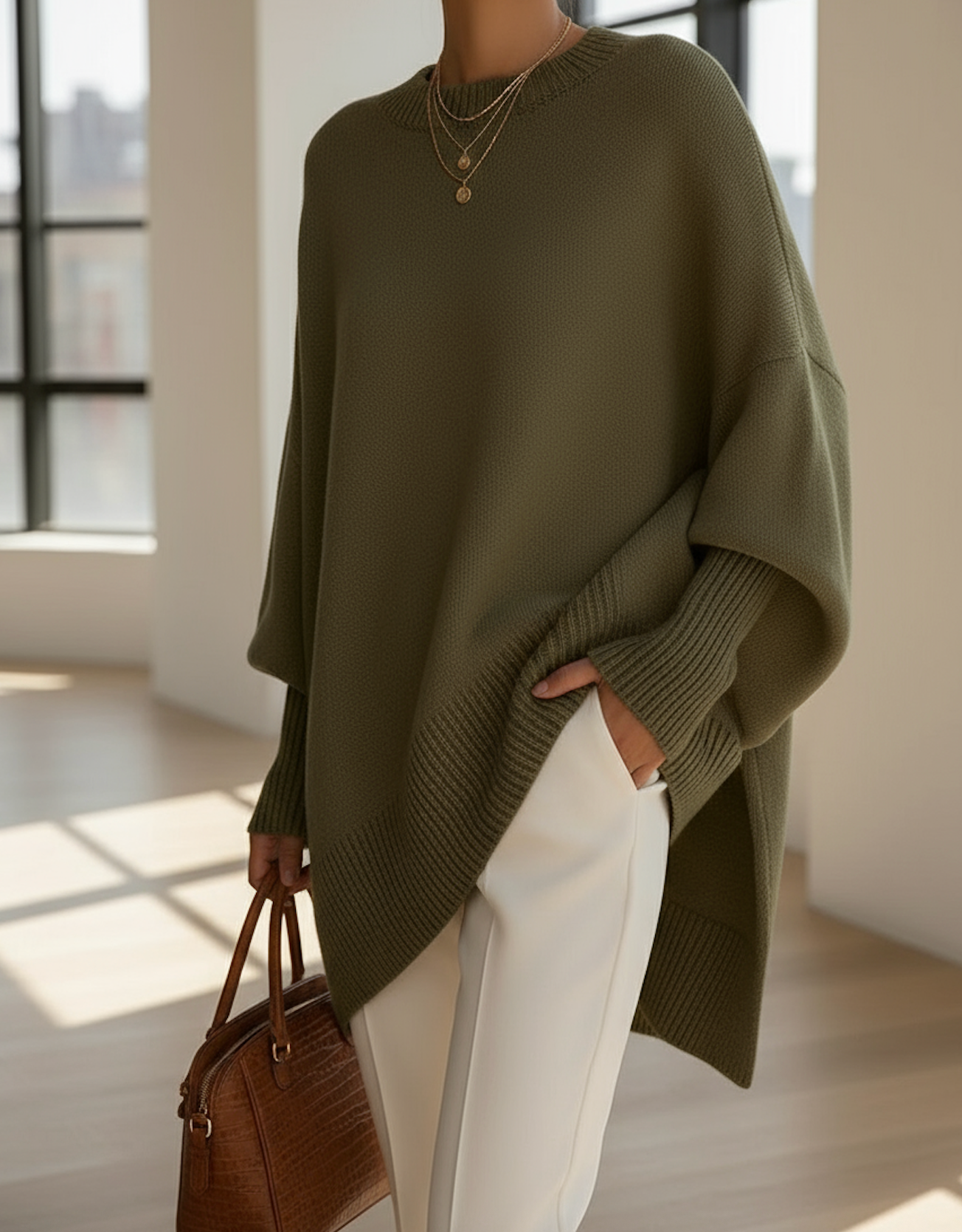 Pull-over oversize élégant Danoir Paris, en maille douce, porté sur un mannequin, couleur neutre, style moderne et confortable.