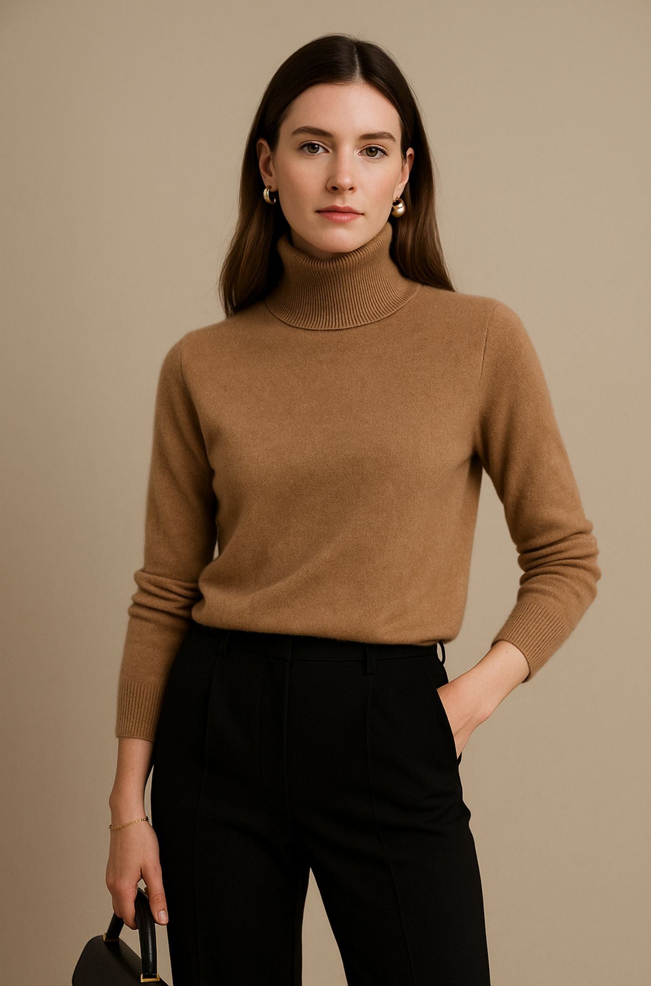 Pull col roulé luxueux Danoir Paris Amara, tissu doux et élégant, couleur neutre, porté sur un mannequin.