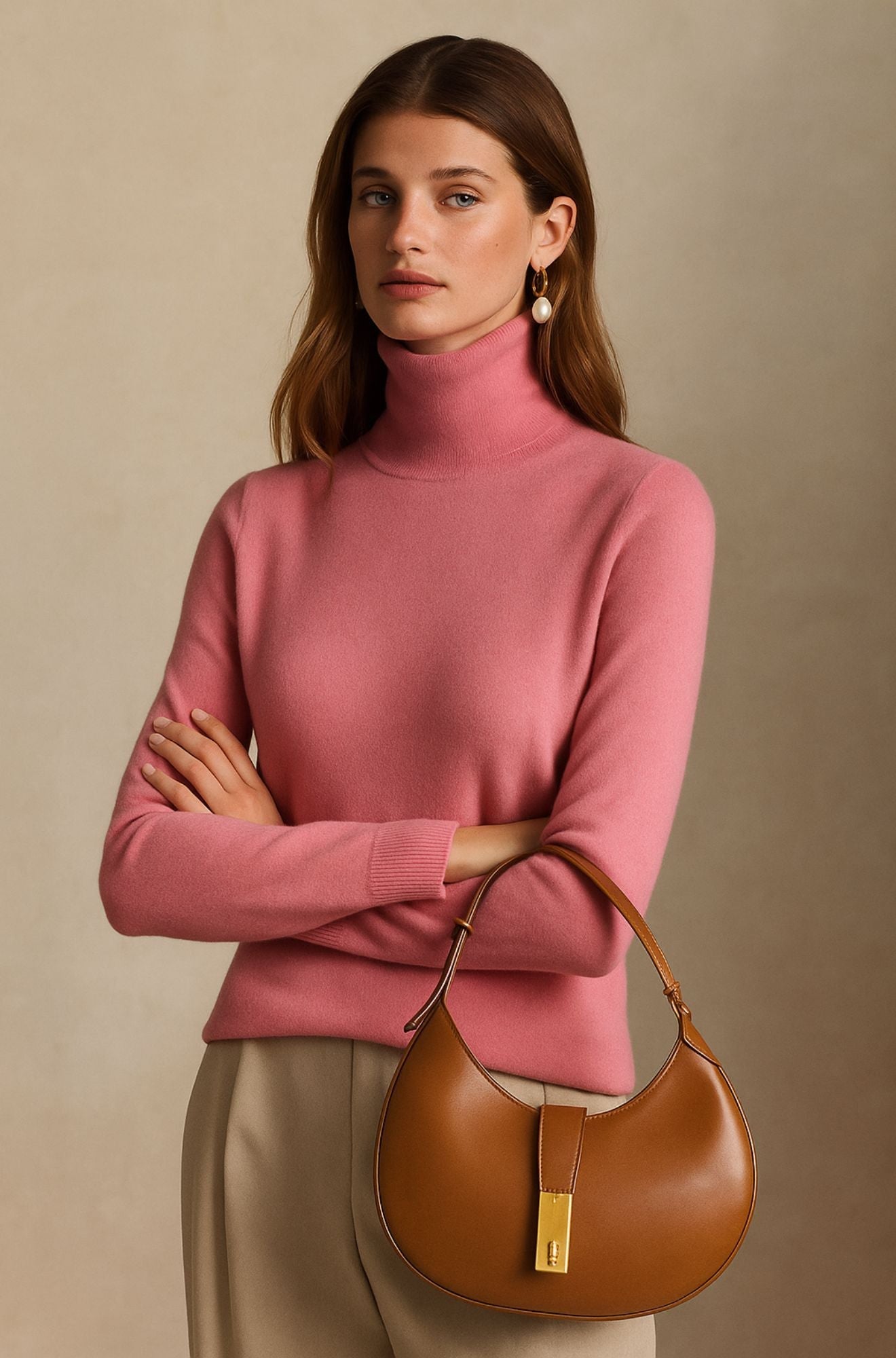 Pull col roulé luxueux Danoir Paris Amara, en tissu doux et élégant, porté sur un mannequin, couleur neutre.