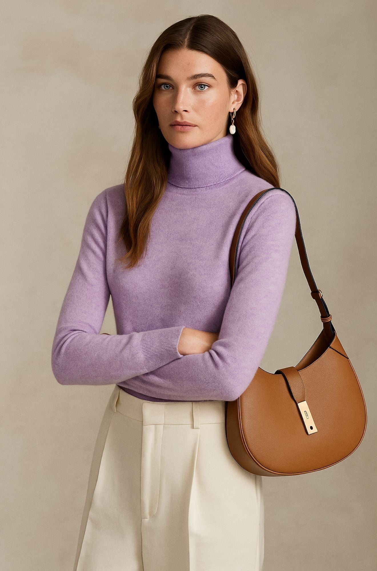 Pull col roulé luxueux Amara de Danoir Paris, en tissu doux, couleur neutre, porté sur mannequin.