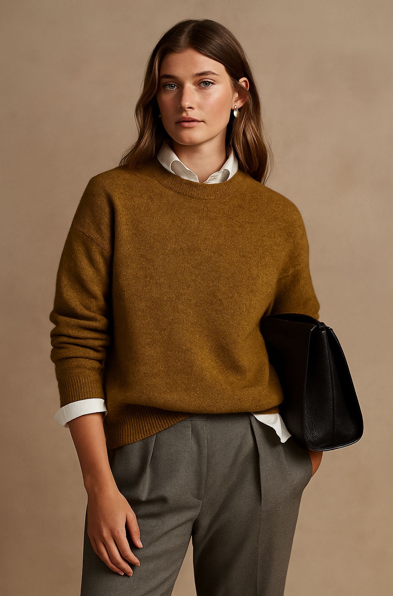 Pull doux et chic Clarisse de Danoir Paris, en laine, couleur beige, porté sur mannequin avec col rond.