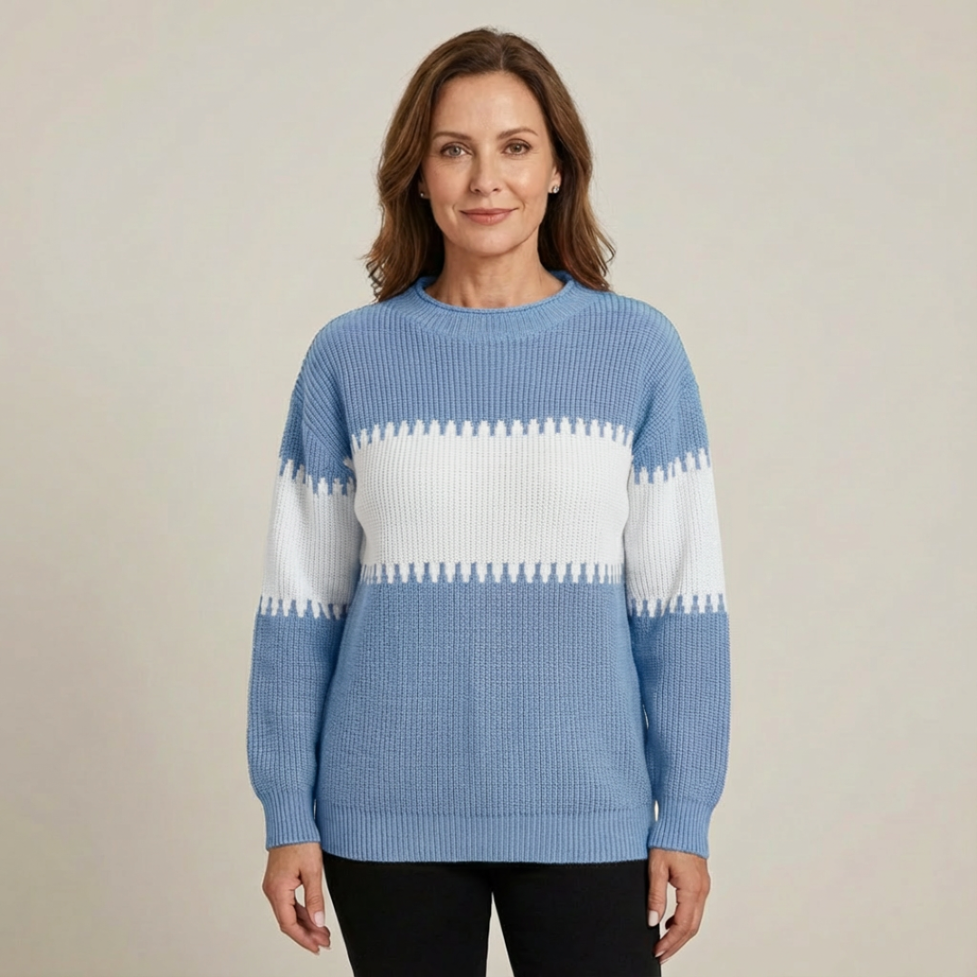 Pull colorblock Harmony de Danoir Paris, confortable, en tissu doux avec motifs colorés, porté de face.