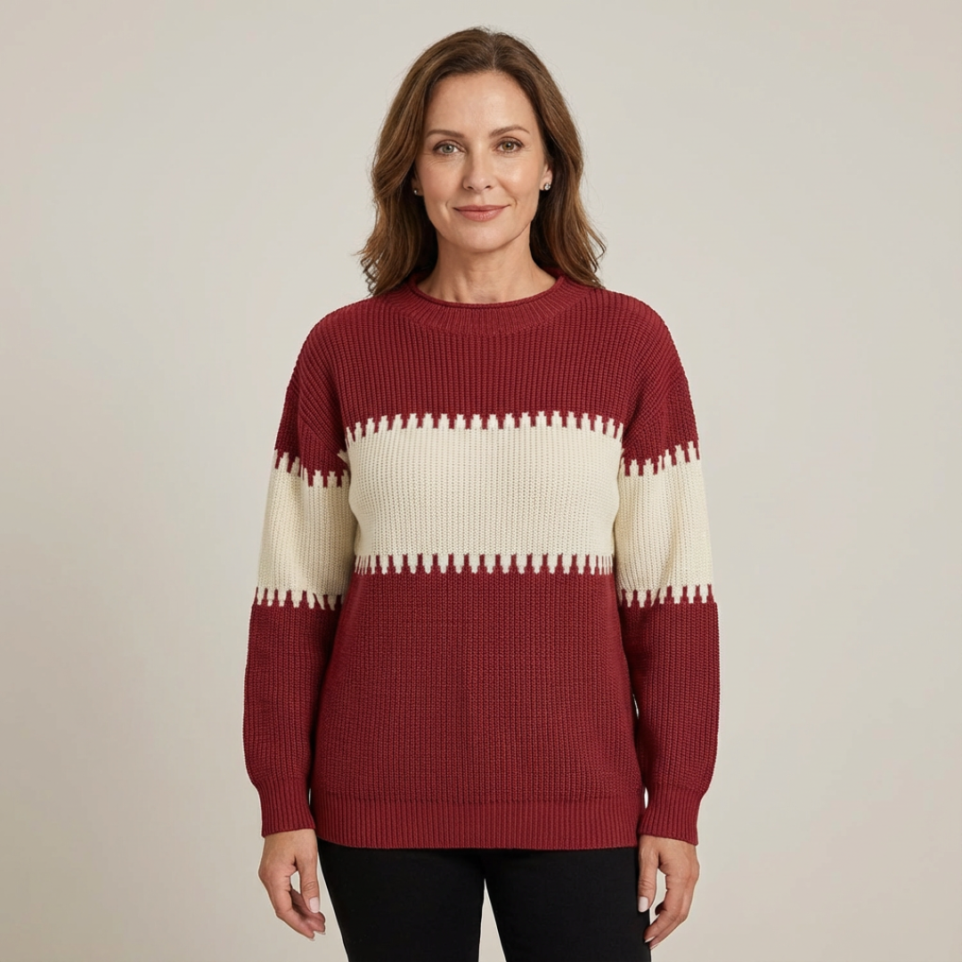 Pull colorblock Danoir Paris Harmony, confortable, en tissu doux avec détails colorés, porté sur mannequin, mode décontractée.
