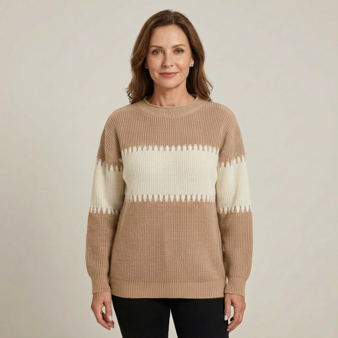 Pull colorblock confortable Danoir Paris Harmony, en tissu doux avec détails colorés, porté sur mannequin.