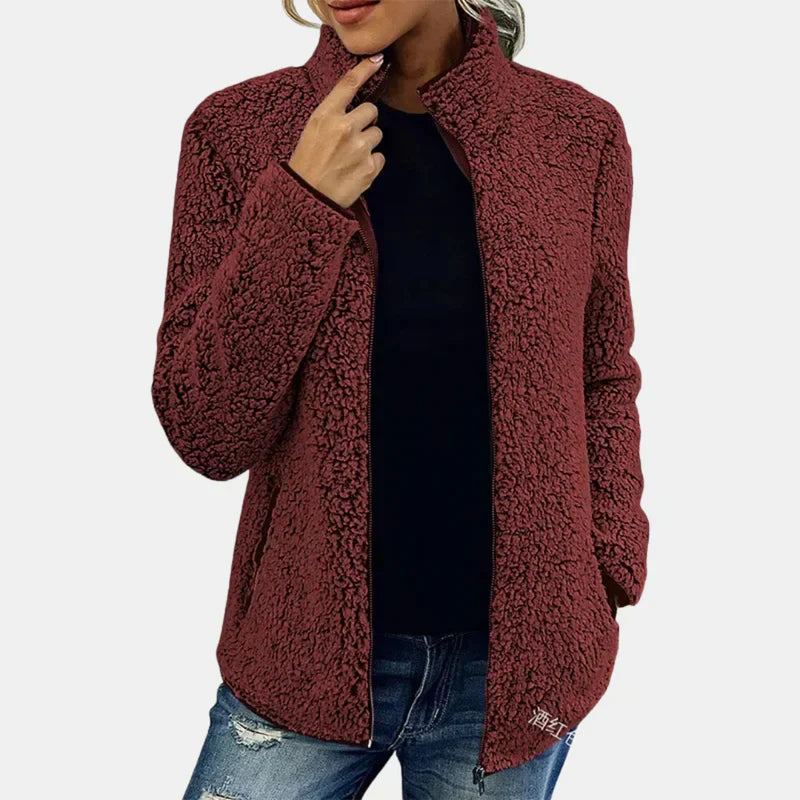 Veste chic en sherpa Danoir Paris Xara FR1273, douceur en tissu sherpa, modèle élégant avec col et fermeture éclair, vue de face