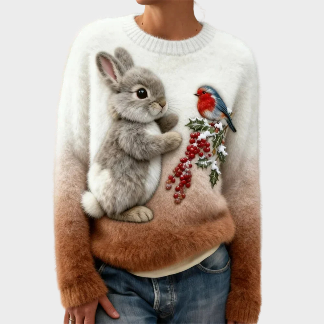 Pull en peluche festif Luna de Danoir Paris, vêtement doux et chaud avec motif festif, vue de face.