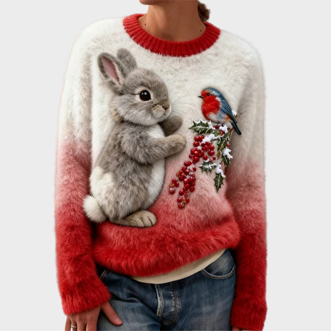Pull en peluche festif Danoir Paris Luna FR1303 avec détails colorés et texture douce, parfait pour la saison hivernale.