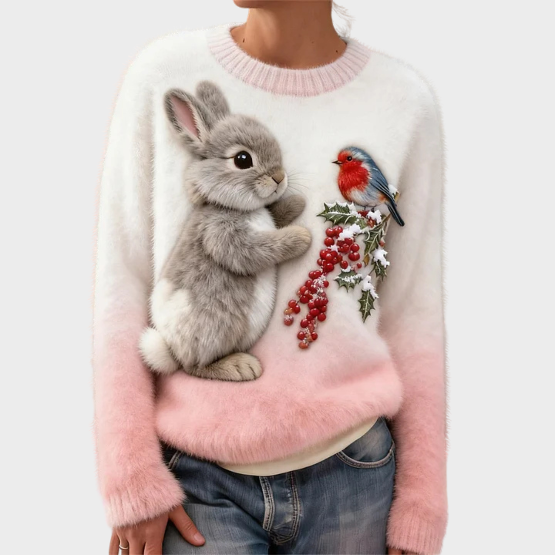 Pull en peluche Luna de Danoir Paris, vêtement festif avec motif coloré, doux et confortable pour femmes.