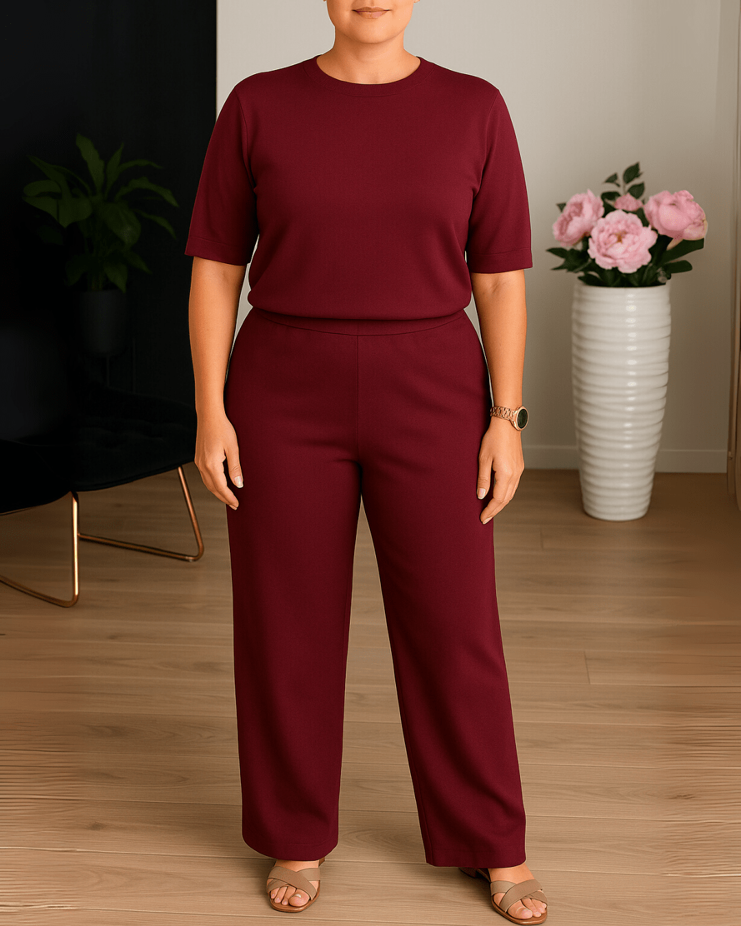 Ensemble élégant Danoir Paris Sofía FR1308 avec tissus polyvalents, veste et pantalon stylés pour femmes.