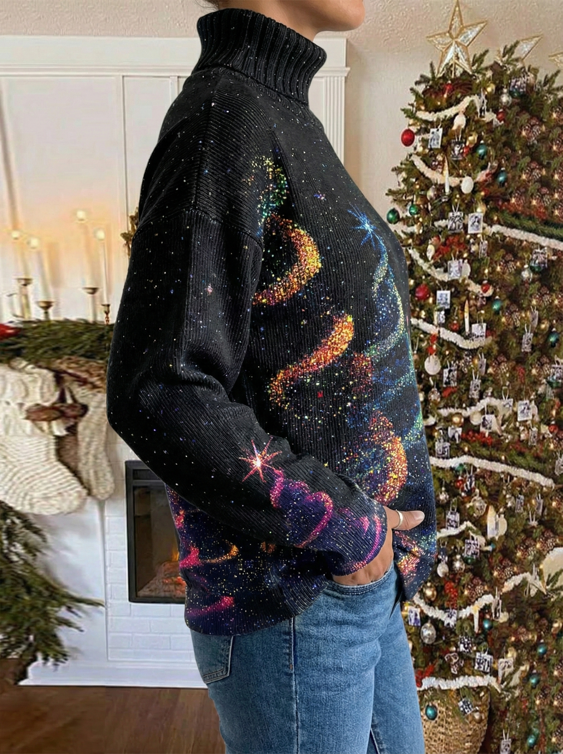 Pull festif étoilé Danoir Paris, modèle FR1320, en laine douce, avec motifs étoilés bleus et blancs, porté sur mannequin.
