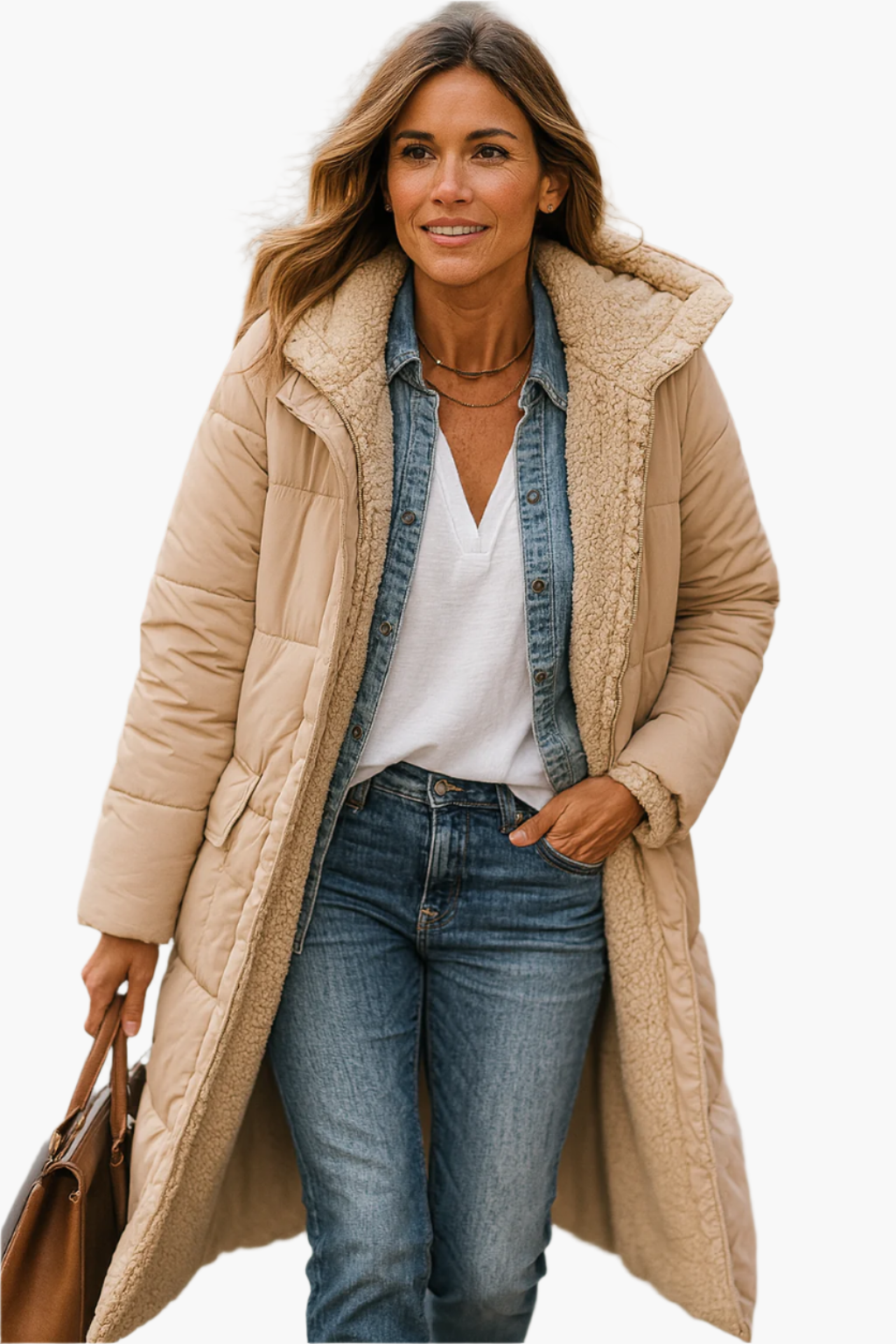 Manteau long beige Danoir Paris Paige, douillet et chaud, avec col ample et poches latérales, en tissu épais pour l'hiver.