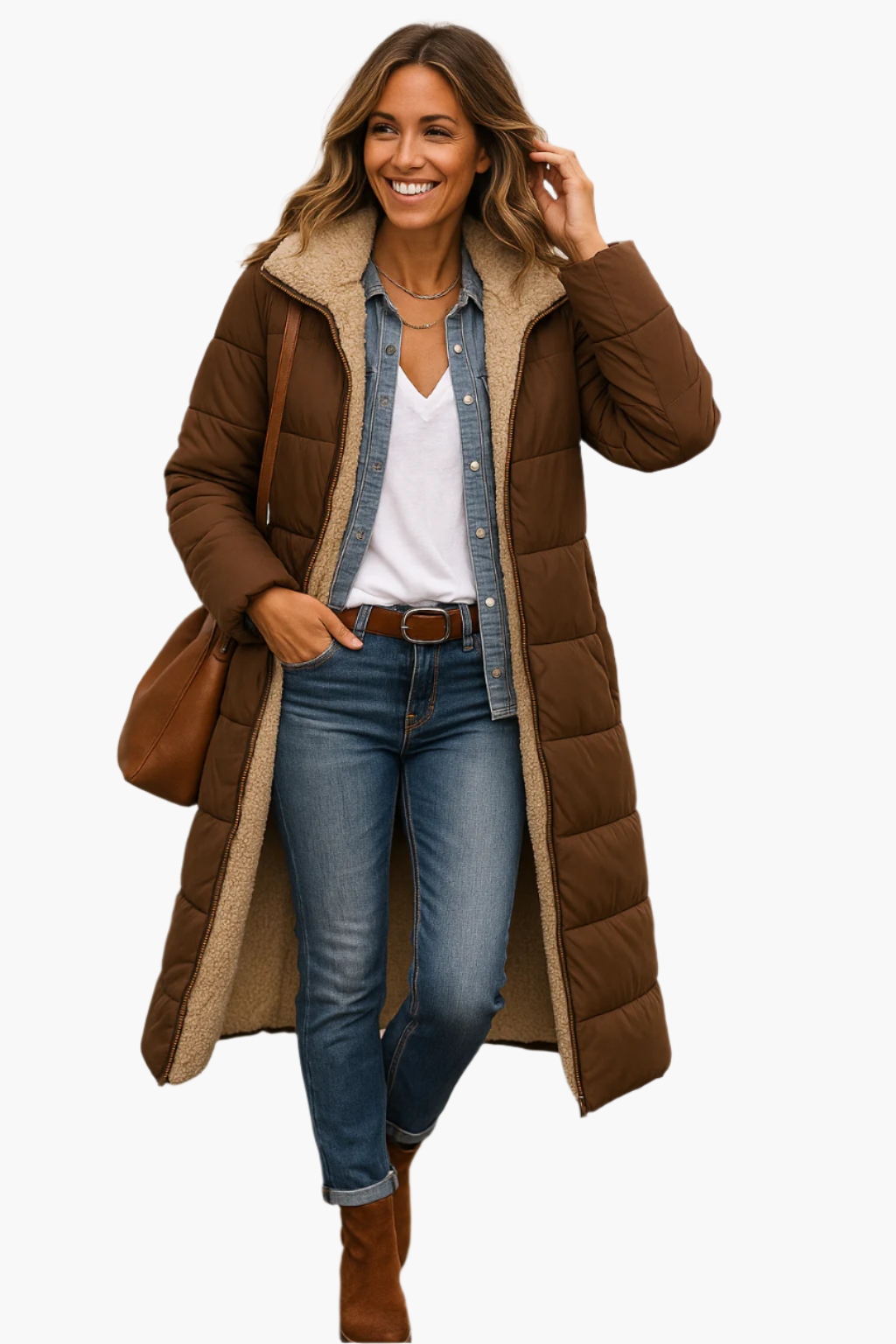Manteau long beige Danoir Paris Paige FR1336, doublé et chaud, avec col large et poches latérales, porté sur un mannequin.