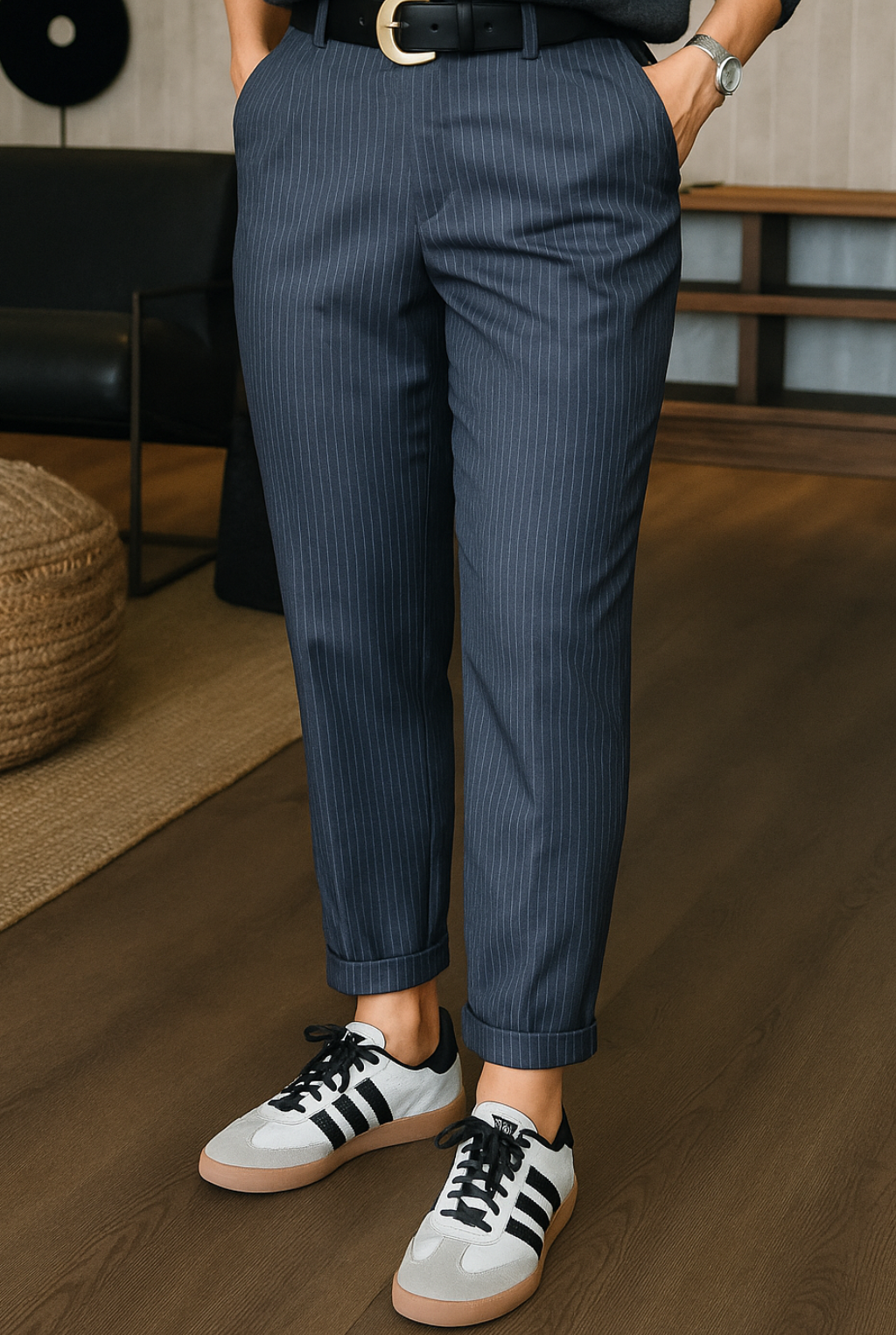 Pantalon élégant Mathilda de Danoir Paris en tissu bleu foncé, coupe polyvalente, porté avec un haut blanc, vue de face.