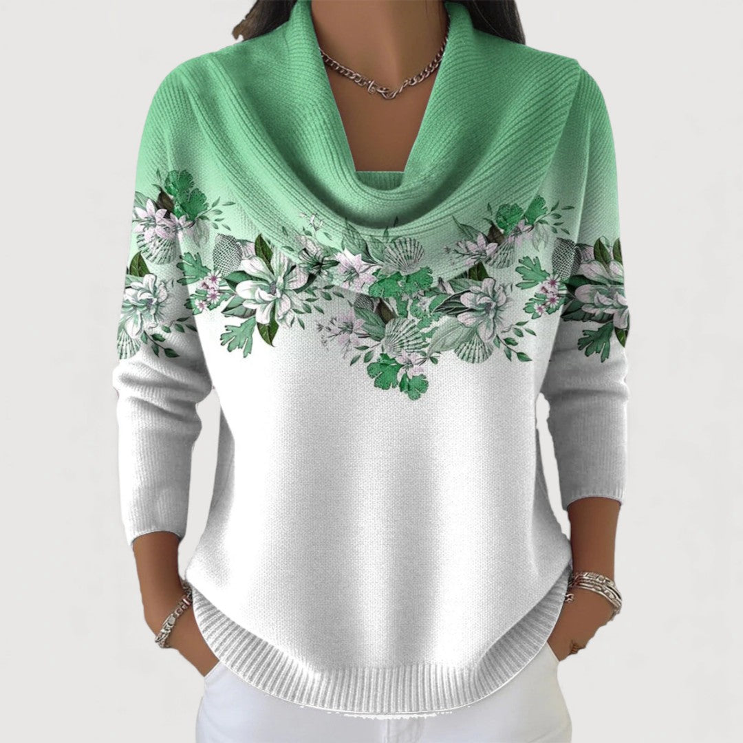 Pull floral élégant Alora de Danoir Paris, en tissu léger avec motifs floraux colorés, porté sur un mannequin.
