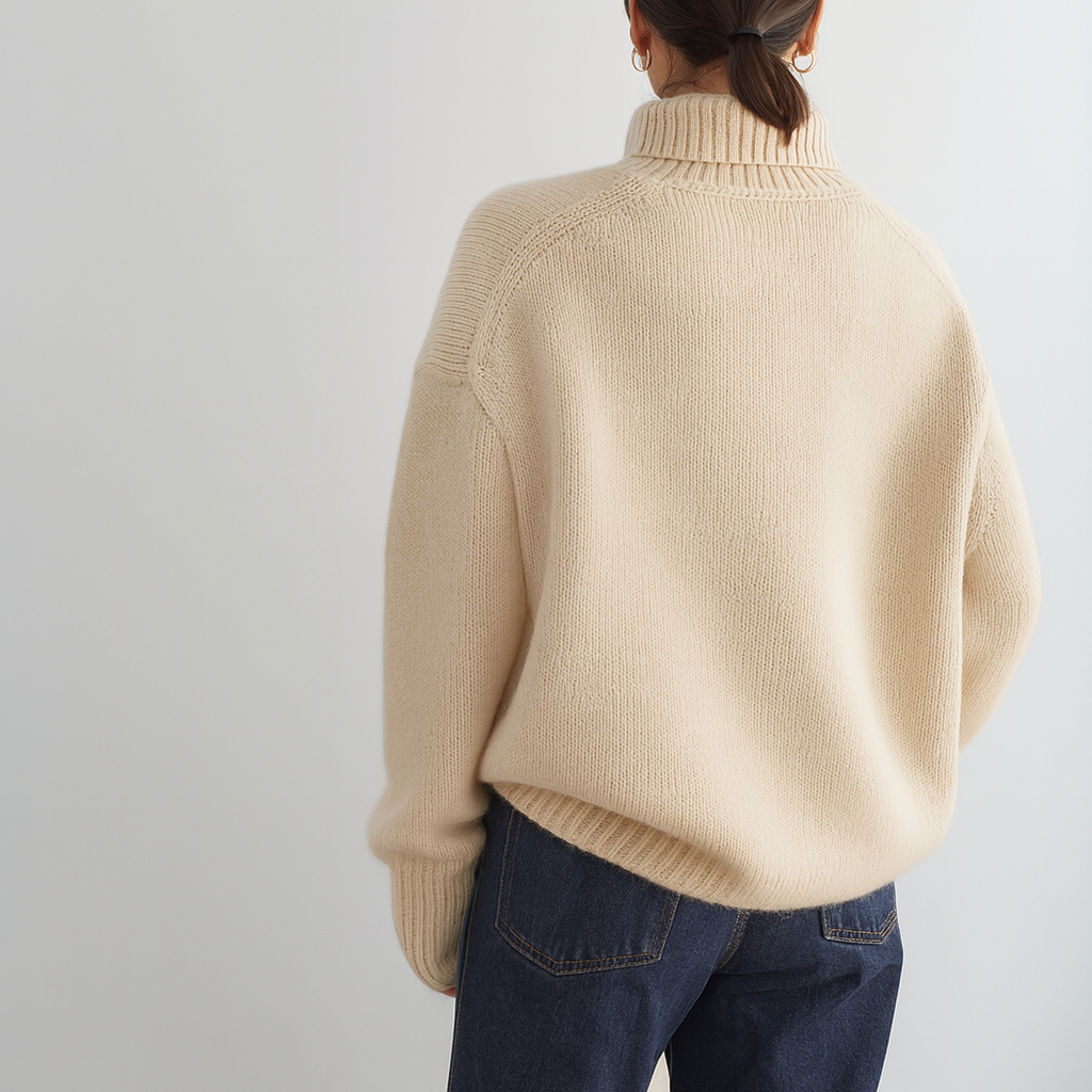 Pull oversize en cachemire beige Candice de Danoir Paris, doux et confortable, porté sur un fond clair dans l'image.