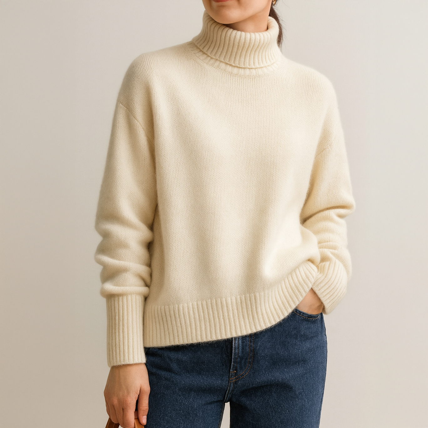Pull oversize en cachemire beige Candice de Danoir Paris, coupe décontractée et douceur élégante, porté sur un mannequin.