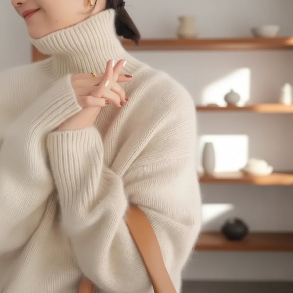 Pull oversize beige en cachemire Candice, Danoir Paris, avec col rond et manches longues.