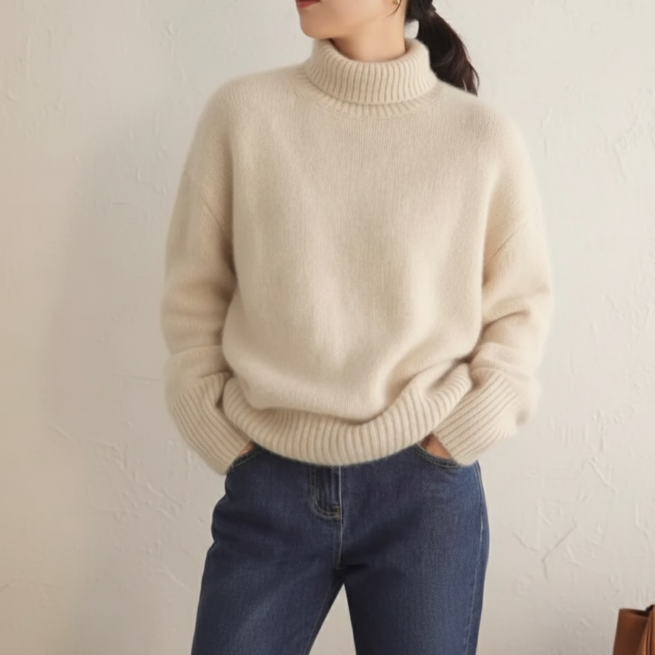 Pull oversize en cachemire beige Candice de Danoir Paris, doux et confortable, visible avec col rond et manches longues.