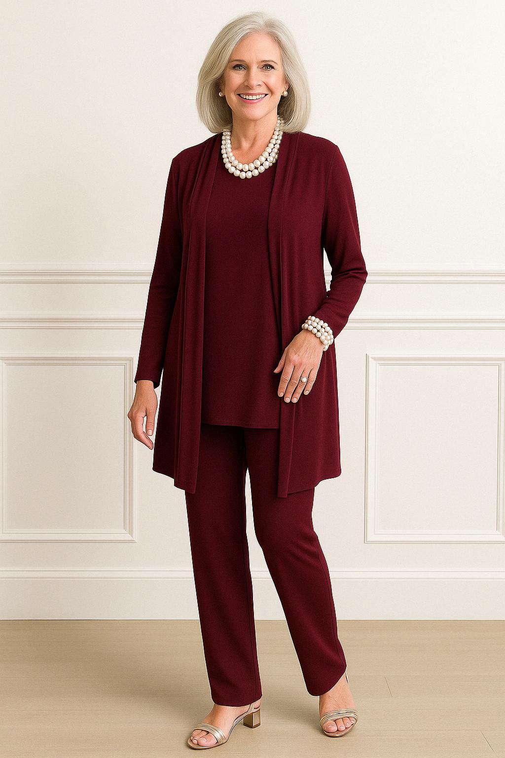 Ensemble de cardigan, top et pantalon Rosey Danoir Paris, look festif et confortable en laine douce.