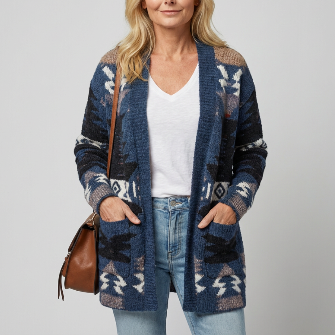 Cardigan azteque élégant Danoir Paris, modèle Campbell FR1385, en laine avec motifs colorés, porté sur un mannequin.