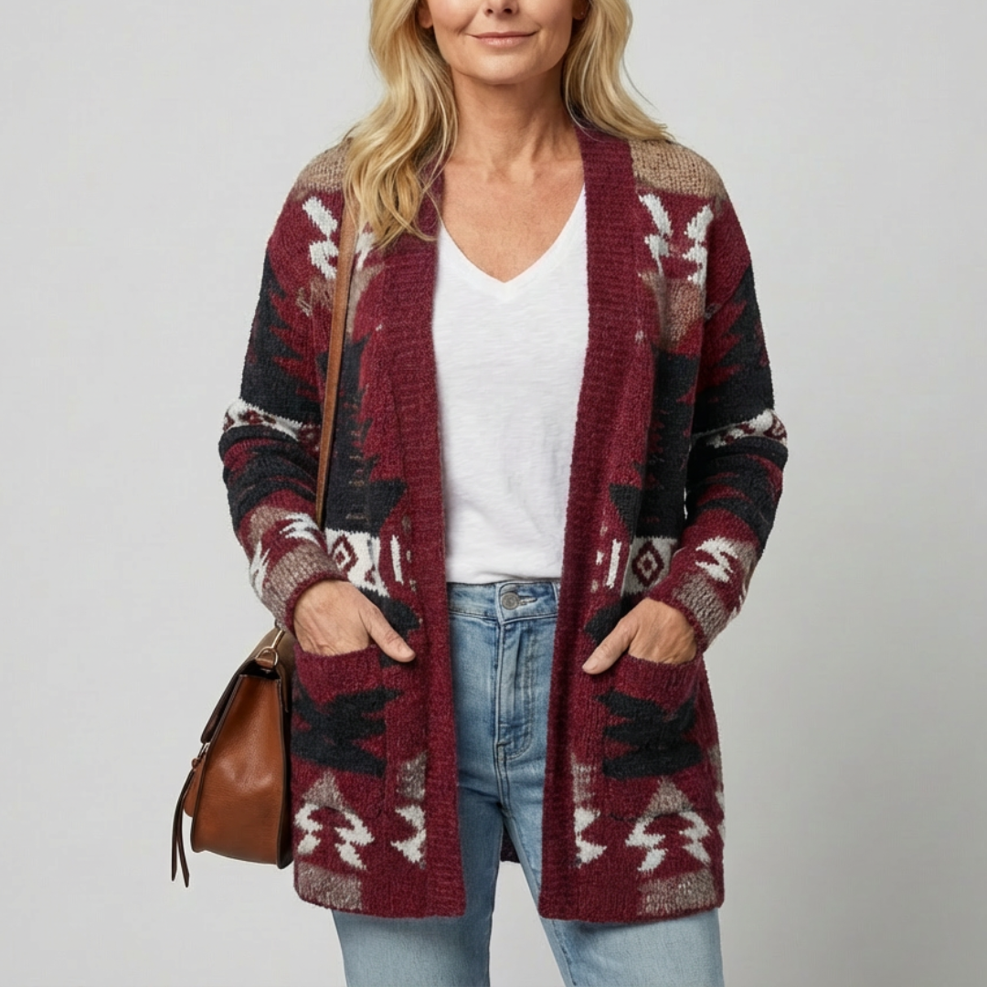Cardigan azteque élégant Danoir Paris, modèle Campbell FR1385, en tissu doux avec motifs colorés, porté sur un mannequin.